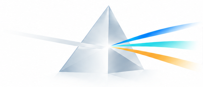 A glass prism separating a single beam of light into three clear beams of blue, cyan, and gold